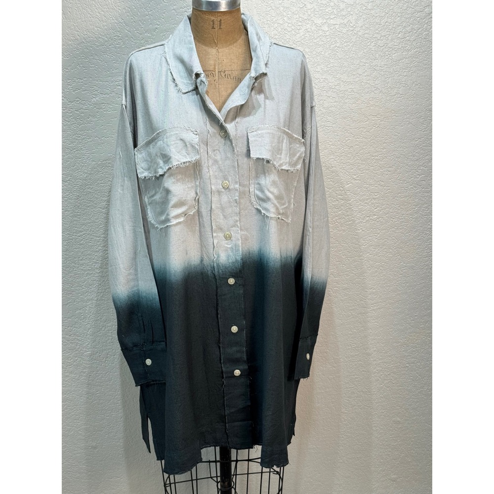 A Rare Bird Handmade Ombre Linen Blend Raw Hem Oversized Shirt Gray Black NWT